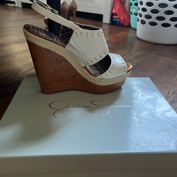 Jessica Simpson GENO White & Brown Studded Wedge Sandals - Picture 1 of 5